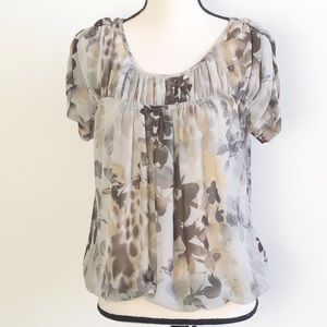 a.n.a. Boho Sheer Fairy Floral Top Puff Short Sleeve Size S Rouched Neutral Tan